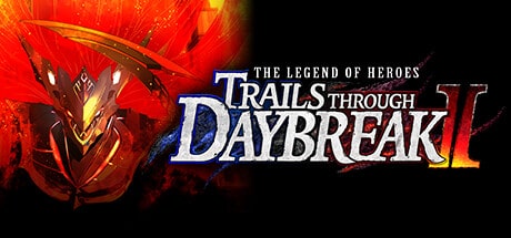 Red armored figure with sharp features on the left and game title "The Legend of Heroes: Trails Through Daybreak II" on black.