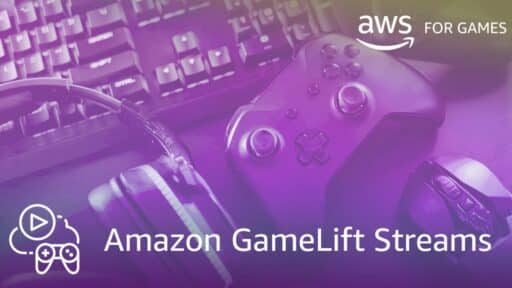 Gaming headset, controller, and mouse rest on a keyboard, all beneath the overlay of Amazon GameLift Streams and AWS for Games, showcasing the seamless integration of Amazon GameLift Streams with your gaming setup.