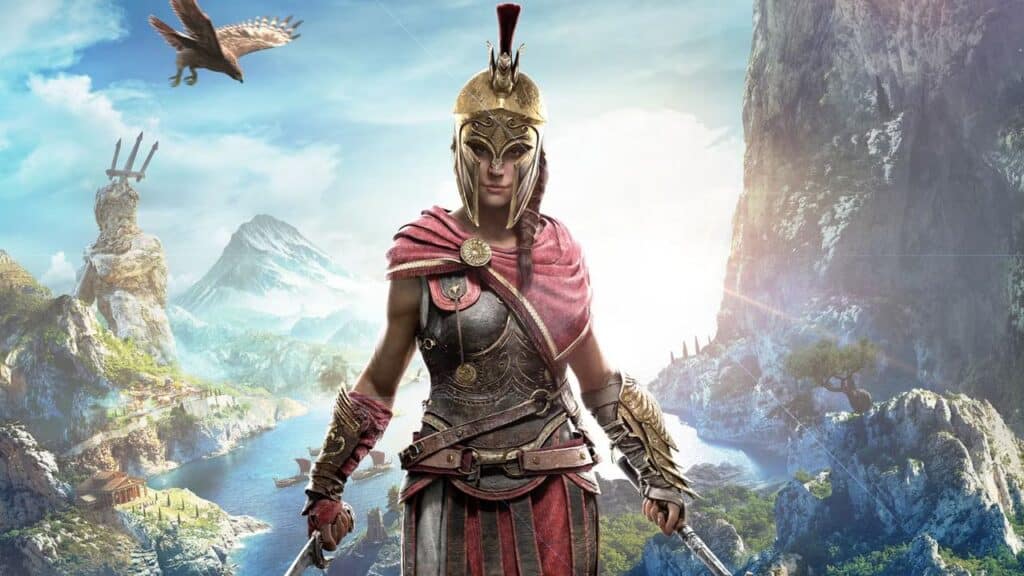 A fierce female protagonist in Greek armor stands with swords, overlooking a scenic landscape of mountains and sea, while an eagle soars above—a scene reminiscent of epic adventures in video games.