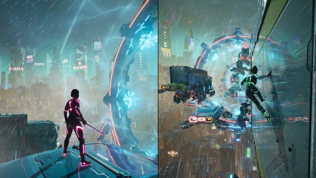 Two futuristic scenes unfold as neon-clad figures engage with a glowing portal in a rainy, cyberpunk cityscape, blurring the lines between reality and Split Fiction.