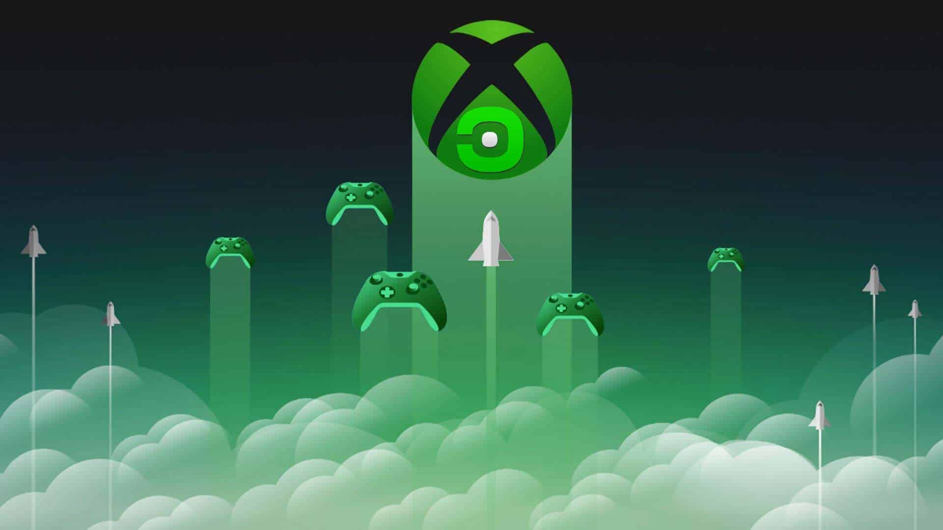 Green Xbox logo with Onecast logo inside and controllers launching like rockets through clouds, with small rockets beside them.