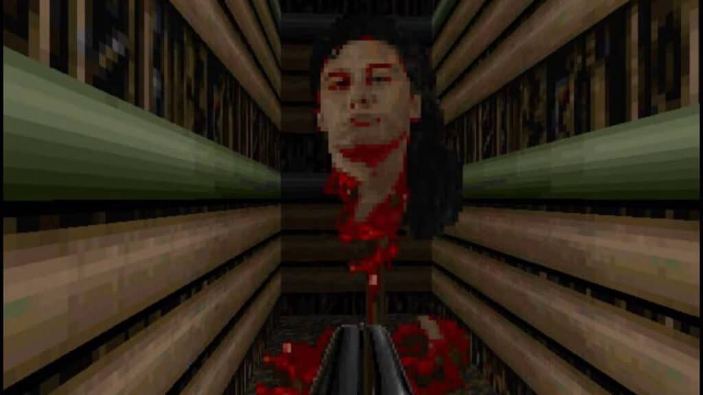 In this pixelated game scene, discover one of the best Easter eggs in video games—a mysterious floating head in a narrow corridor with a futuristic look.