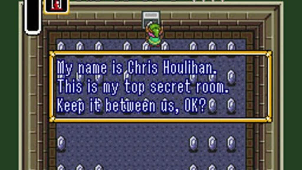 Retro video game screenshot of a secret room with text: "My name is Chris Houlihan. This is my top secret room. It's one of the best Easter eggs in video games. Keep it between us, OK?.