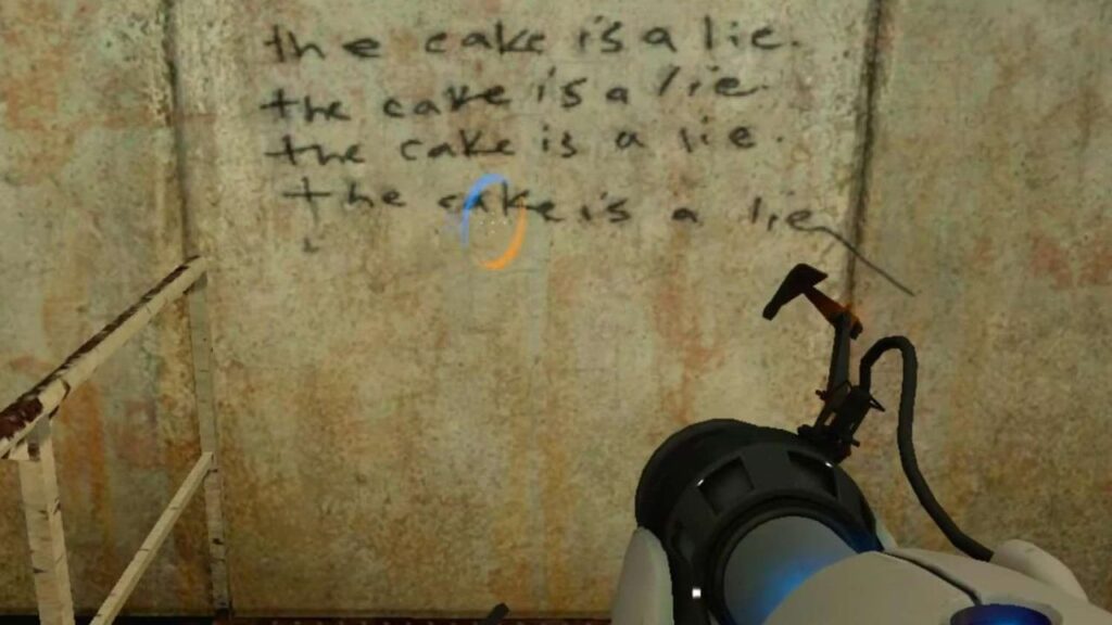 Graffiti reading "the cake is a lie" on a wall, with a portal gun aimed at the text—a nod to one of the best Easter eggs in video games.