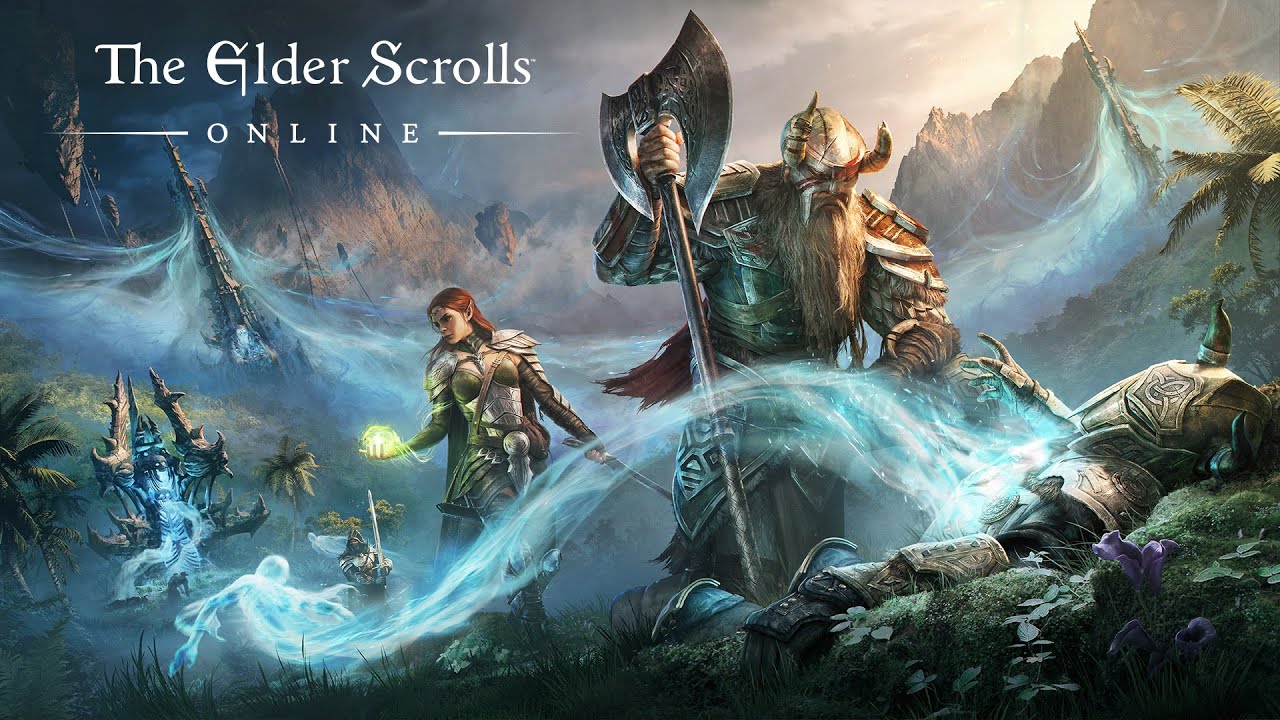 Fantasy characters in armor wield glowing weapons amid a mystical landscape, embodying the epic saga of "The Elder Scrolls Online: Seasons of the Worm Cult" at the top.