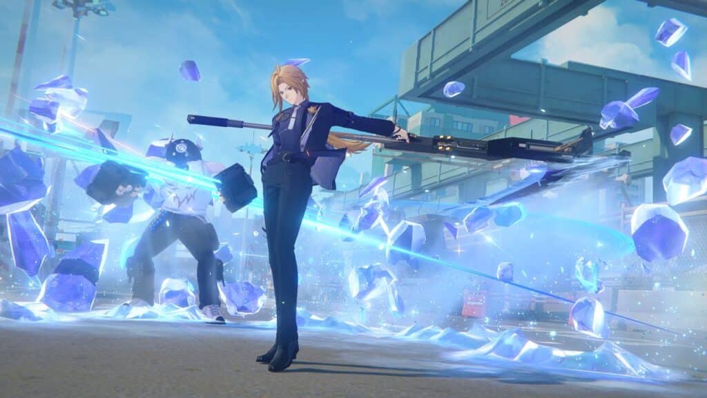 Amidst a dynamic urban scene with dramatic lighting, an anime character from Zenless Zone Zero Version 1.7 deftly wields a weapon, surrounded by shimmering blue crystals.