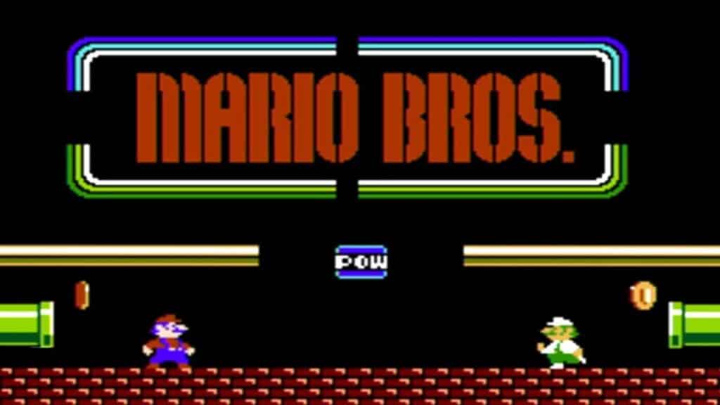 A retro video game screen featuring the iconic siblings, Mario and Luigi, alongside pipes and a "POW" block, with the bold text "Mario Bros." prominently displayed.