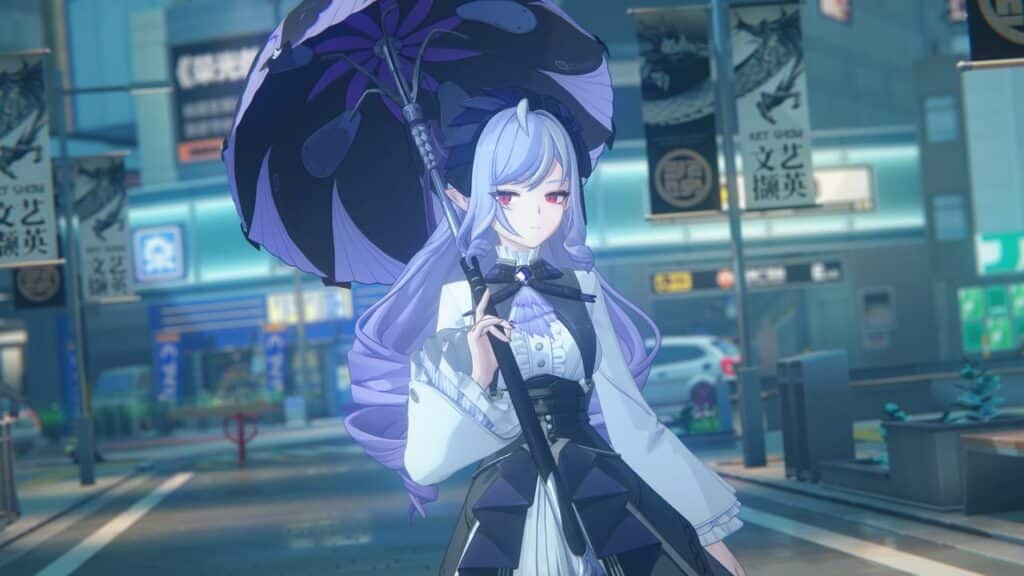Amidst the vibrant glow of neon signs, a character with long purple hair and an umbrella stands confidently on the bustling city street, embodying the enigmatic allure of Zenless Zone Zero Version 1.7.