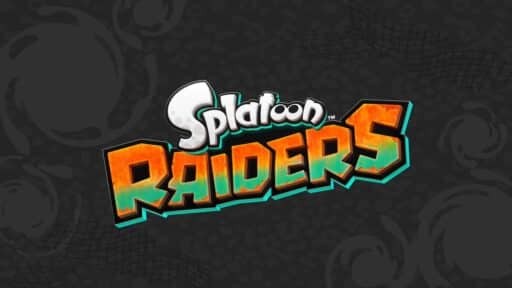 Splatoon Raiders logo featuring bold, colorful Splatoon Raiders text set against a dark, patterned background.
